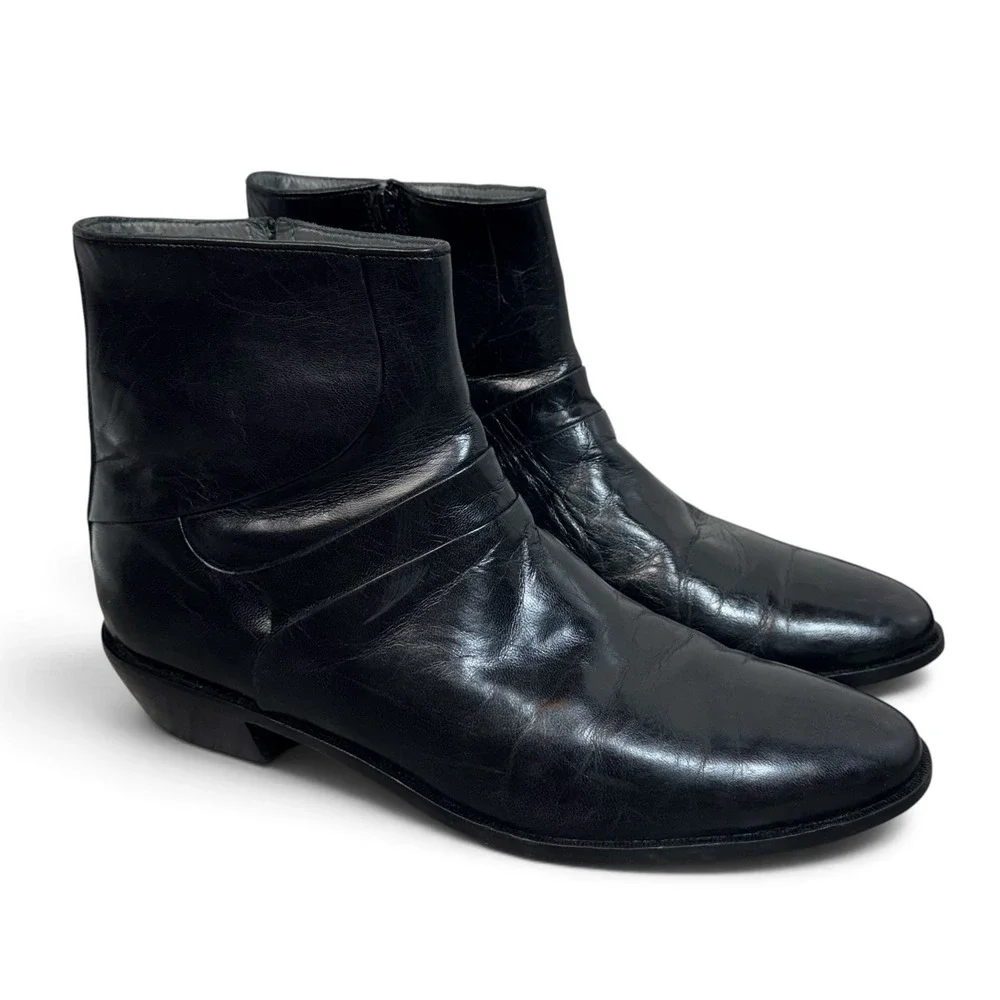 David Taylor Mens Black Leather Beatle Ankle Boots Size 11 D Cuban Block Heel